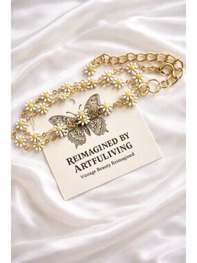 REIMAGINED Daisy Chain Anklet Bracelet Gold Tone Double Strand Enamel Flower